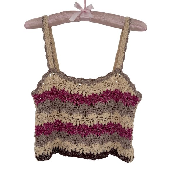 Anthropologie Crochet Pink & Neutral Tone Striped Boho Crop Top - Picture 7 of 16